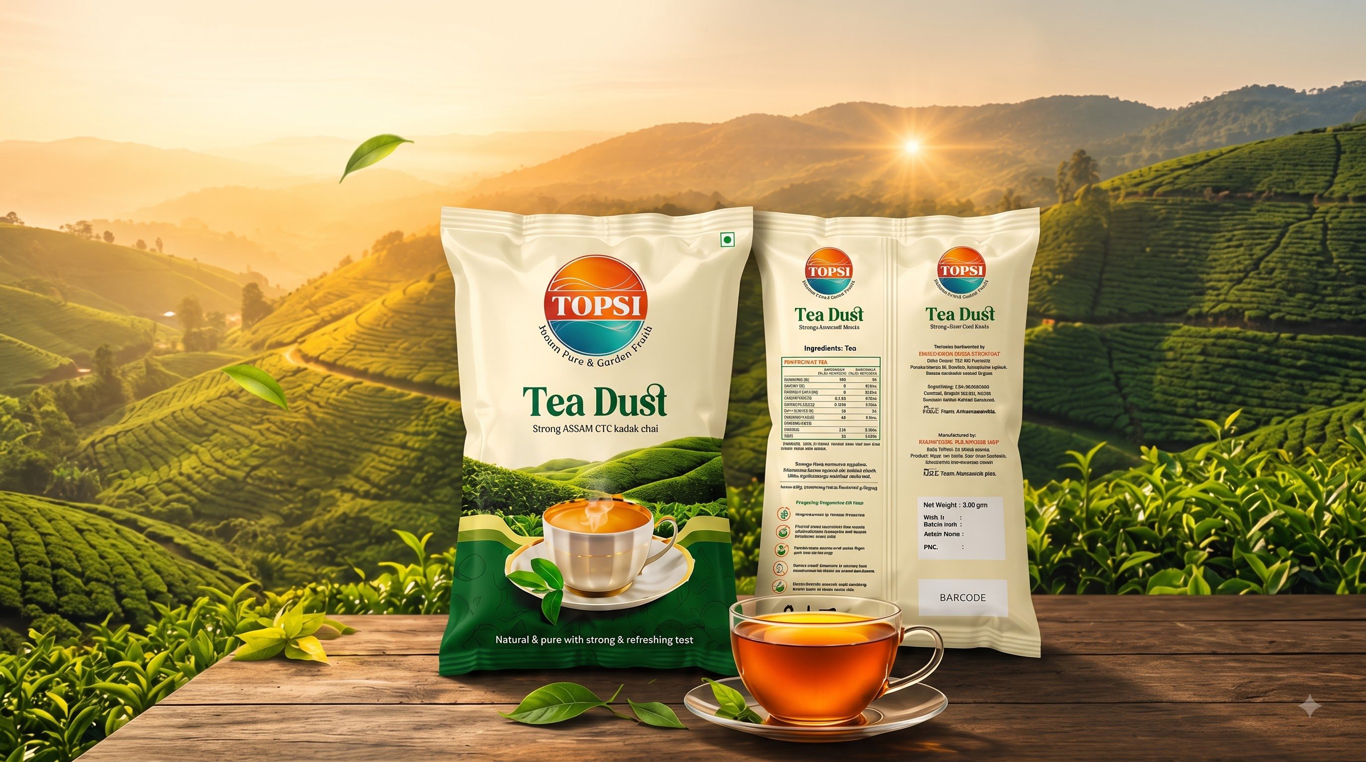 Topsi Tea Dust Packets and Brewed Glass Cup
